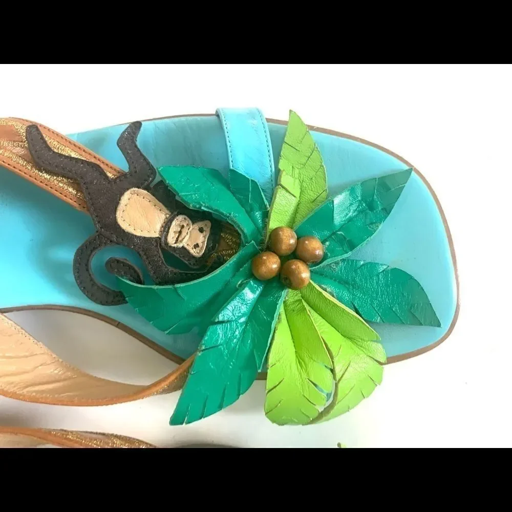Vintage Leather Monkey Palm Tree Beach Vibe Slip on Sandals Made in Spain